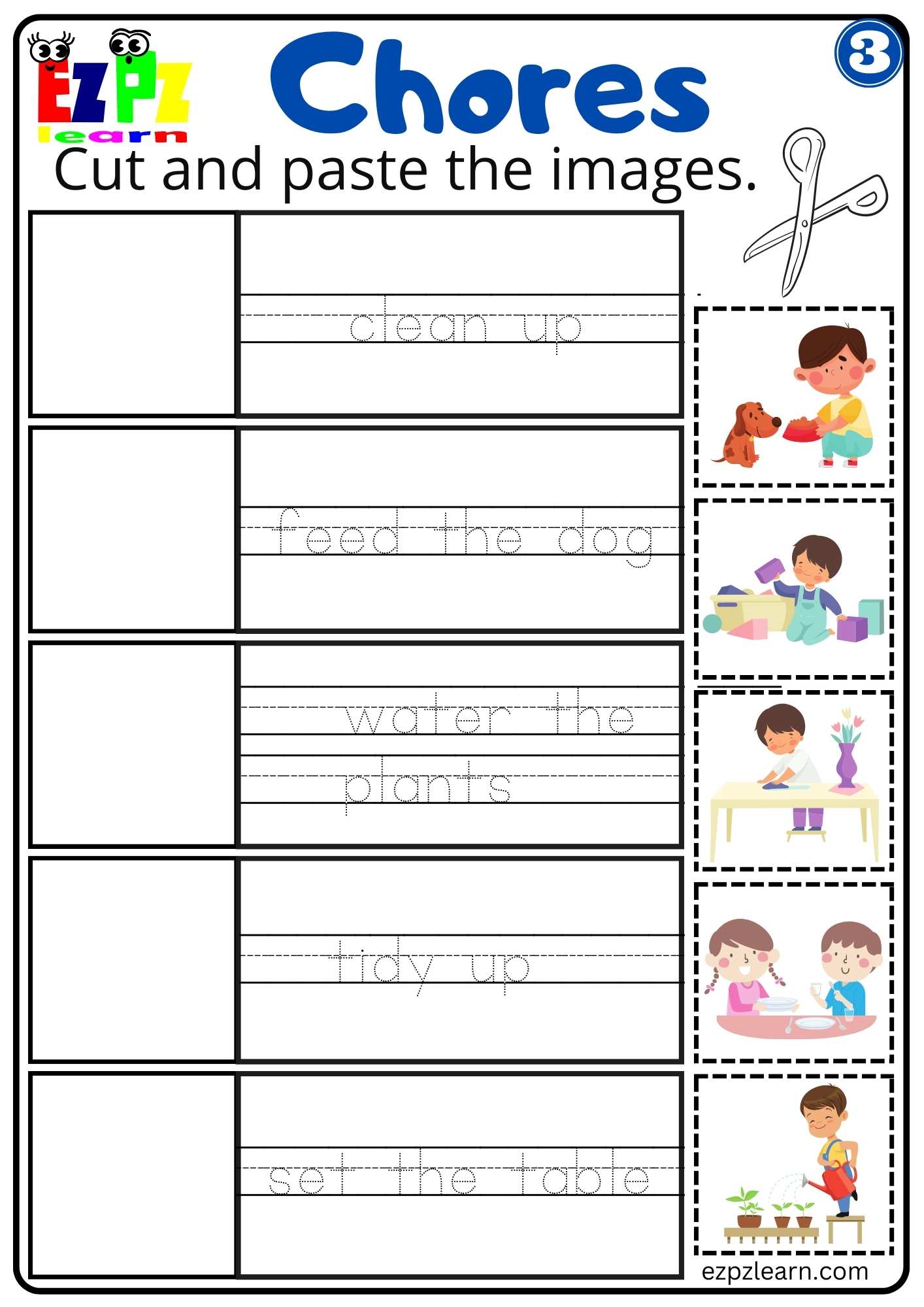 Cut and Paste Worksheet Household Chores Vocabulary For ESL and K5 Students PDF Download Group 3